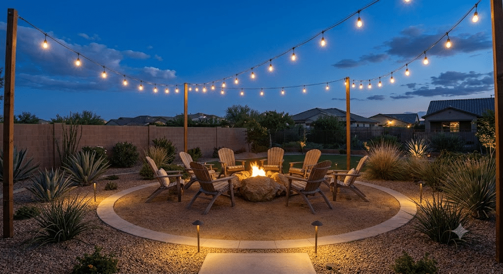 backyard firepit ideas with lighting