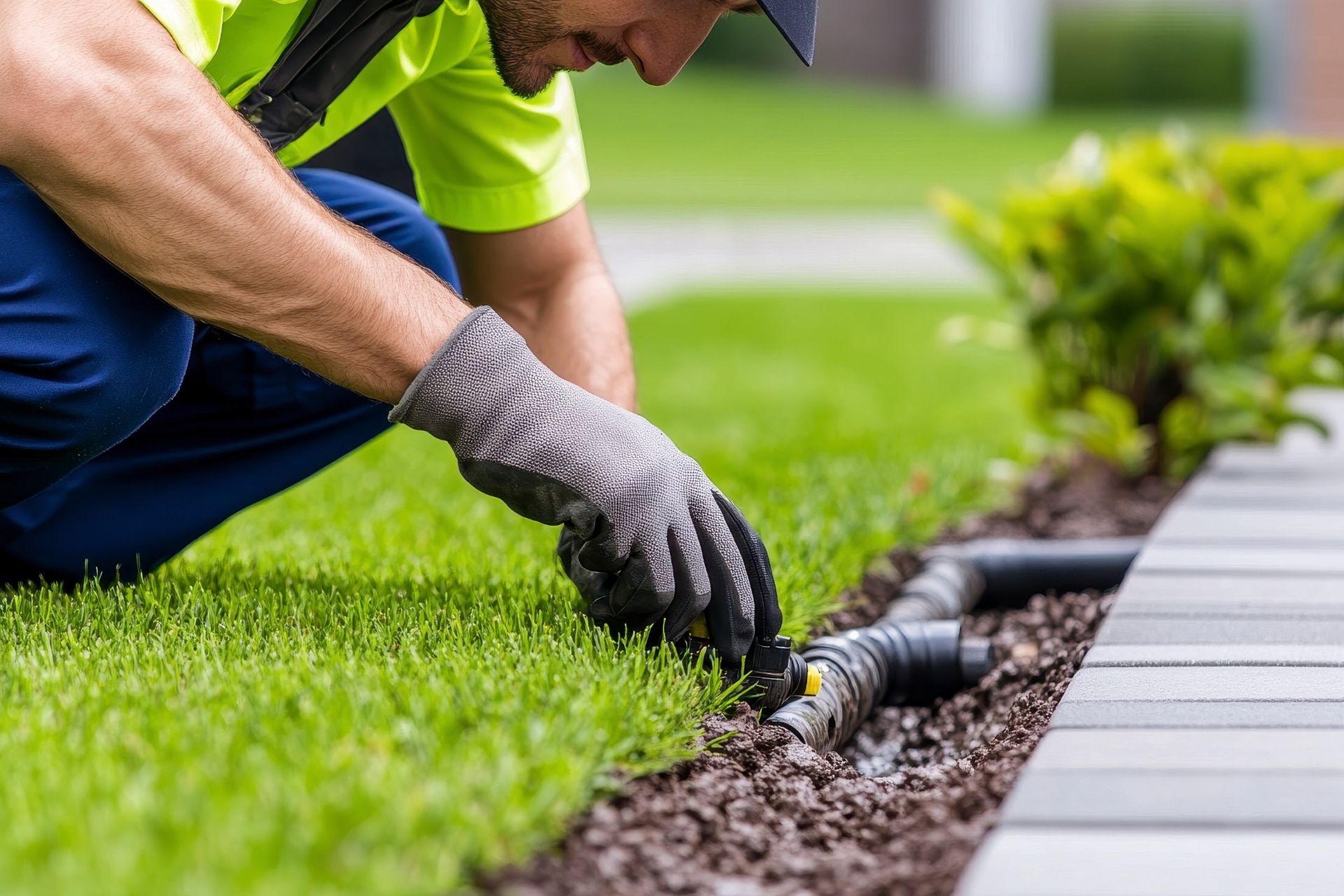 Landscaper repairs the main water line and restores landscape