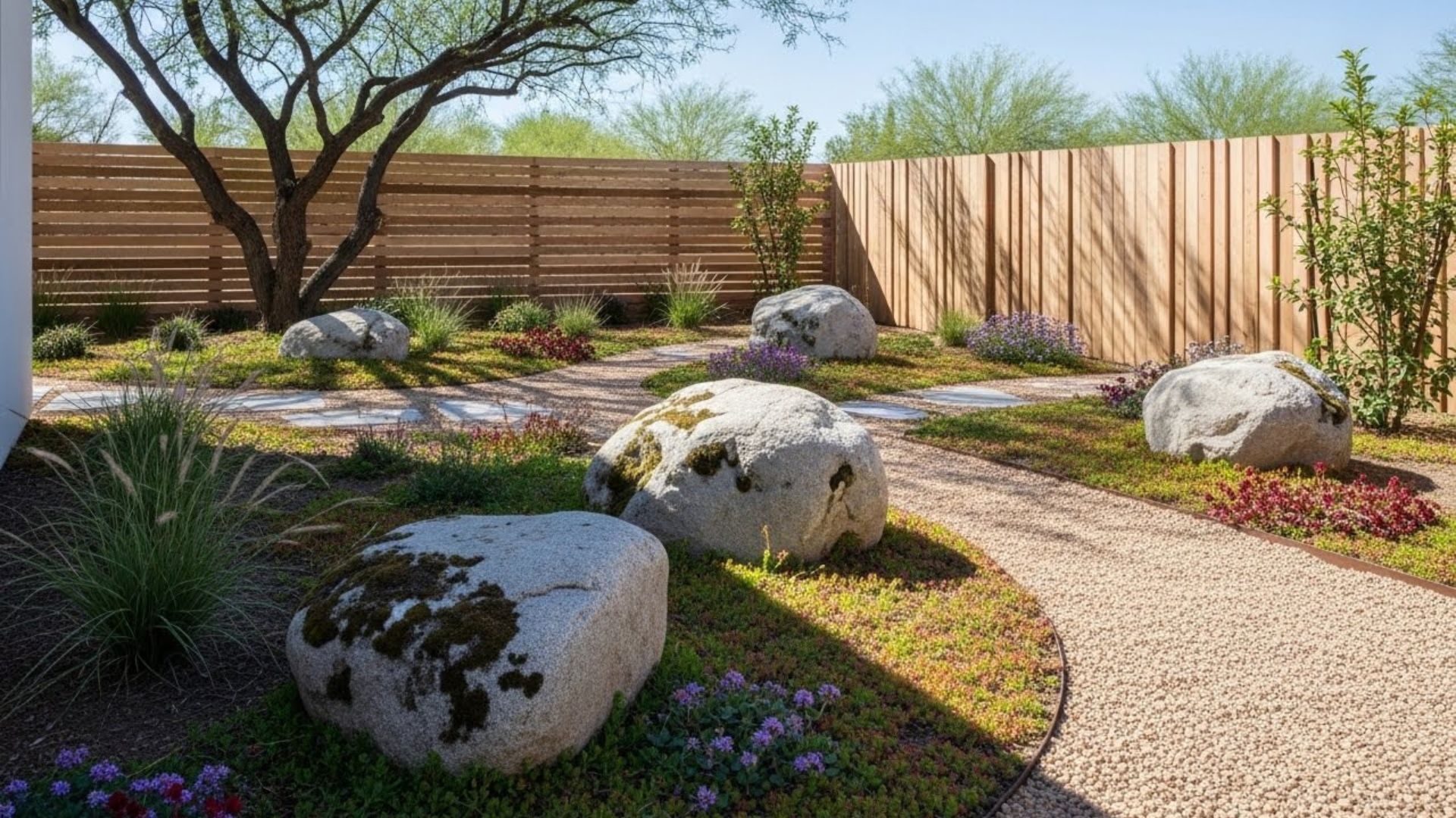Modern backyard with xeriscape landscaping, decorative rocks, and drought-tolerant plants in Las Vegas