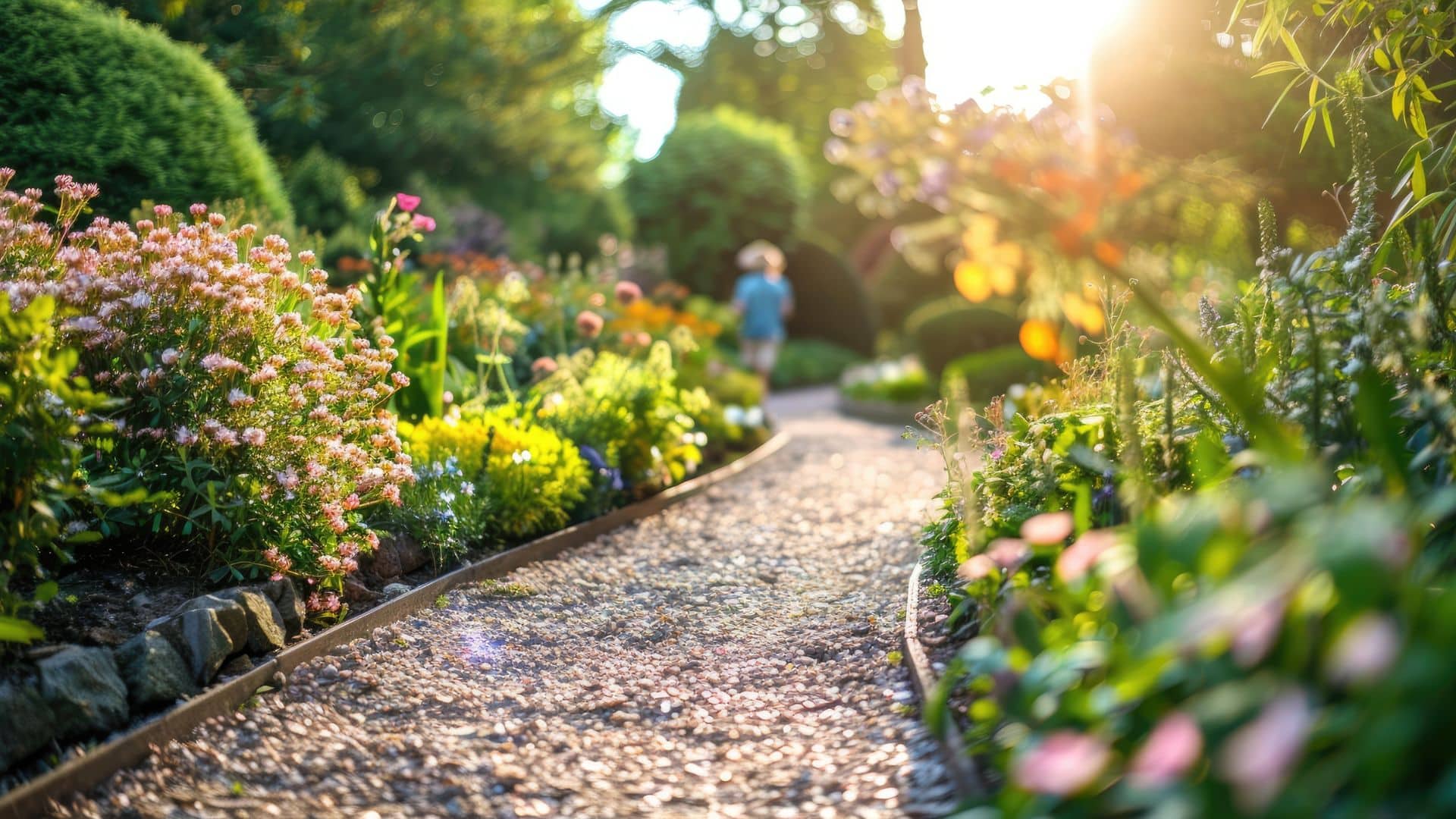 Garden pathway with lush xeriscape landscaping design and colorful drought-tolerant plants
