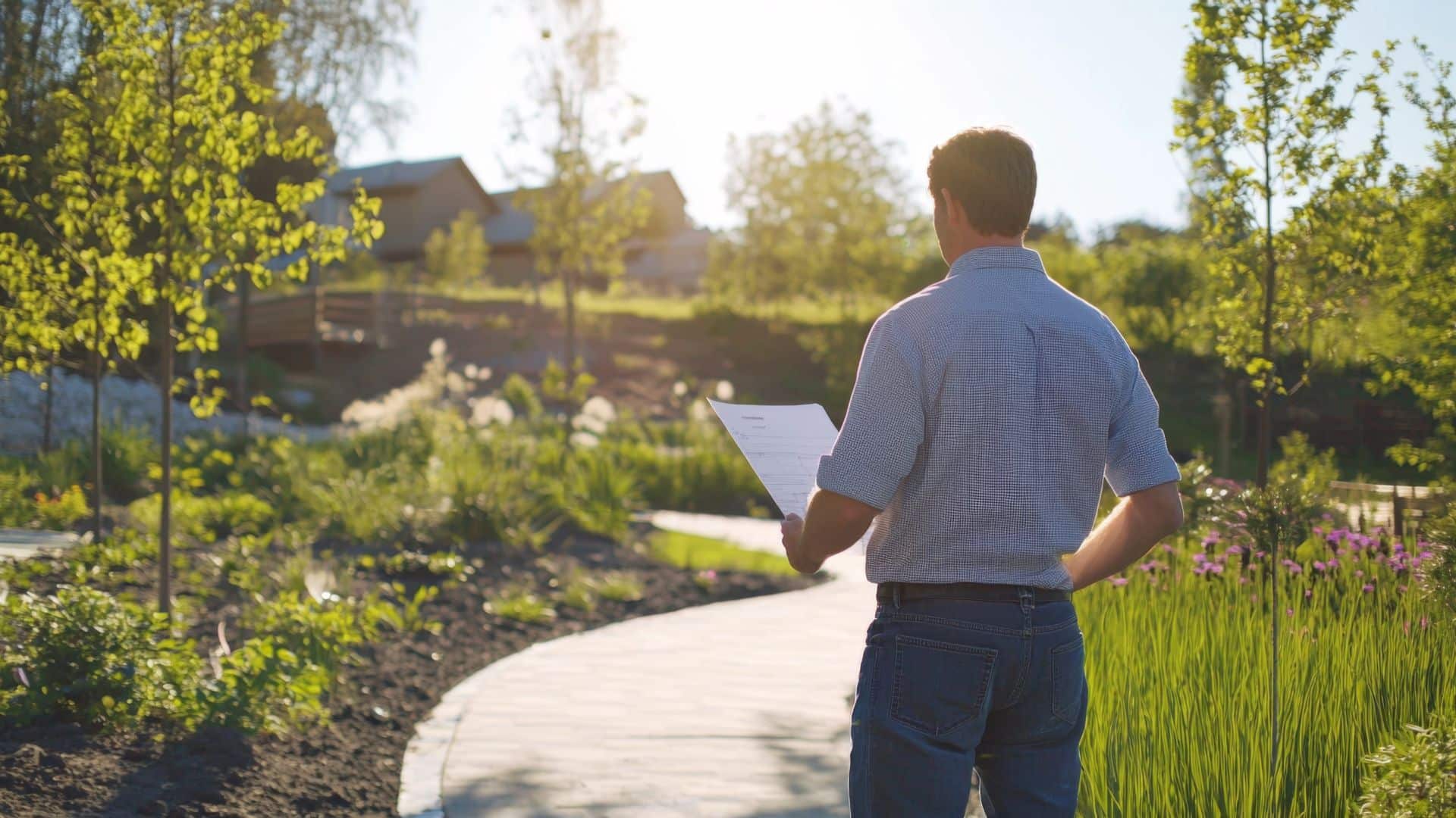 Landscape professional planning patio and landscaping in a residential yard