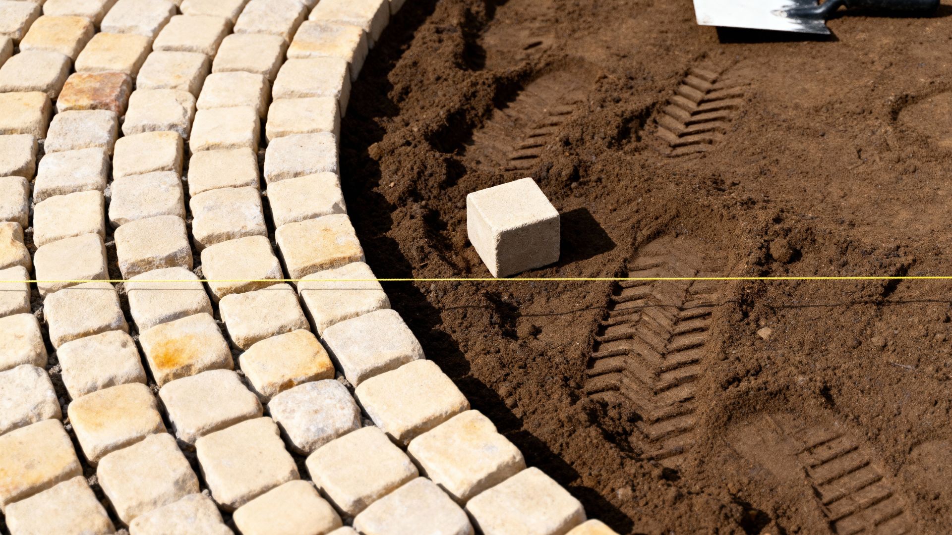 Stone pavers being laid to create a garden patio