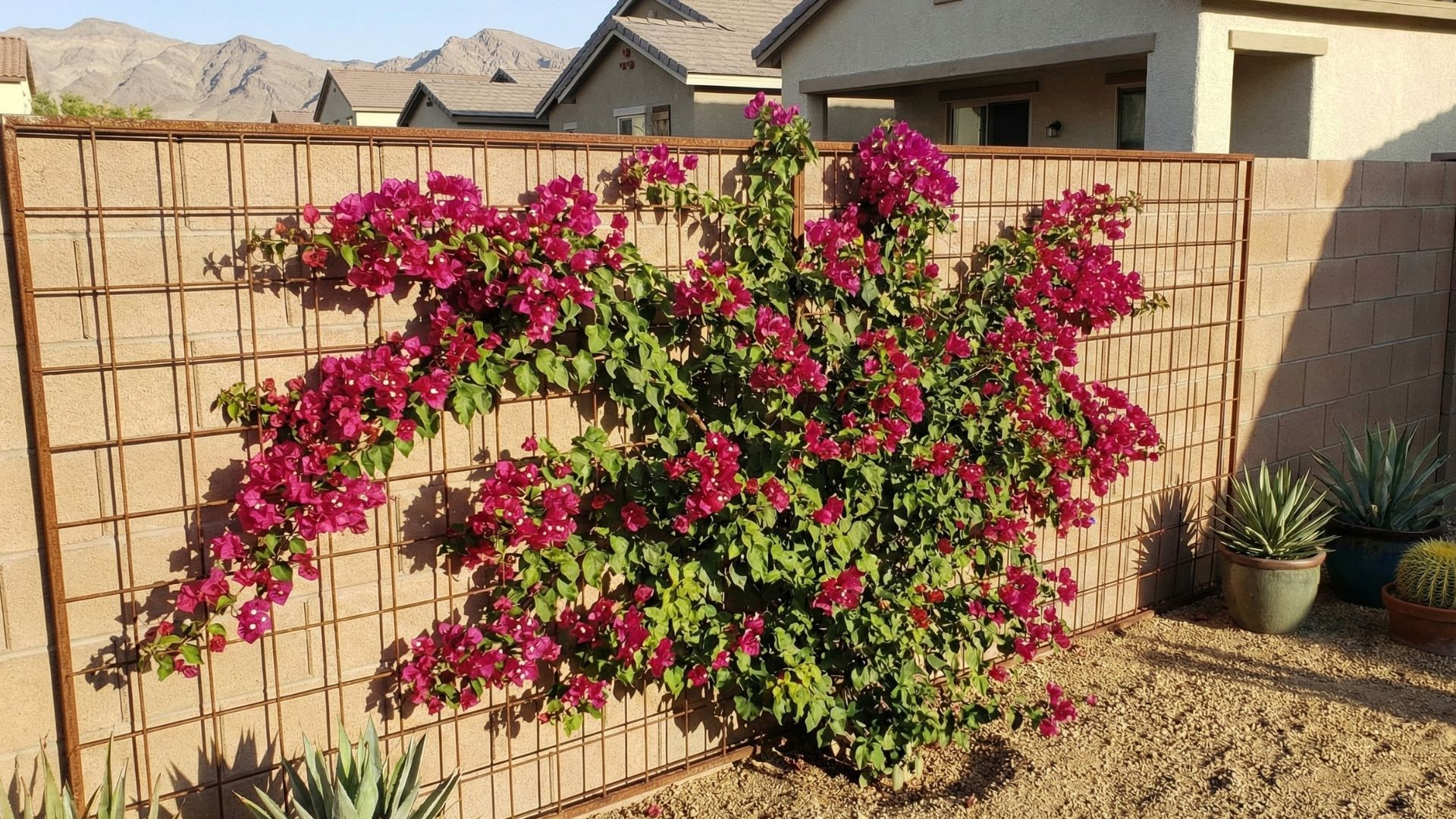 Backyard landscaping ideas with flowering vines and desert plants