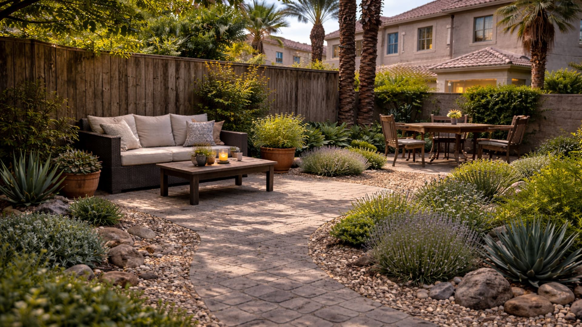 Landscape ideas for backyard with patio seating and plants