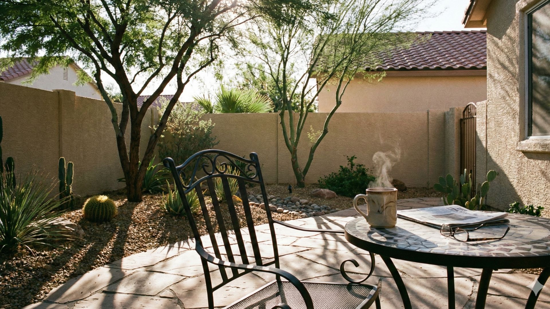 Low maintenance side yard ideas with patio seating