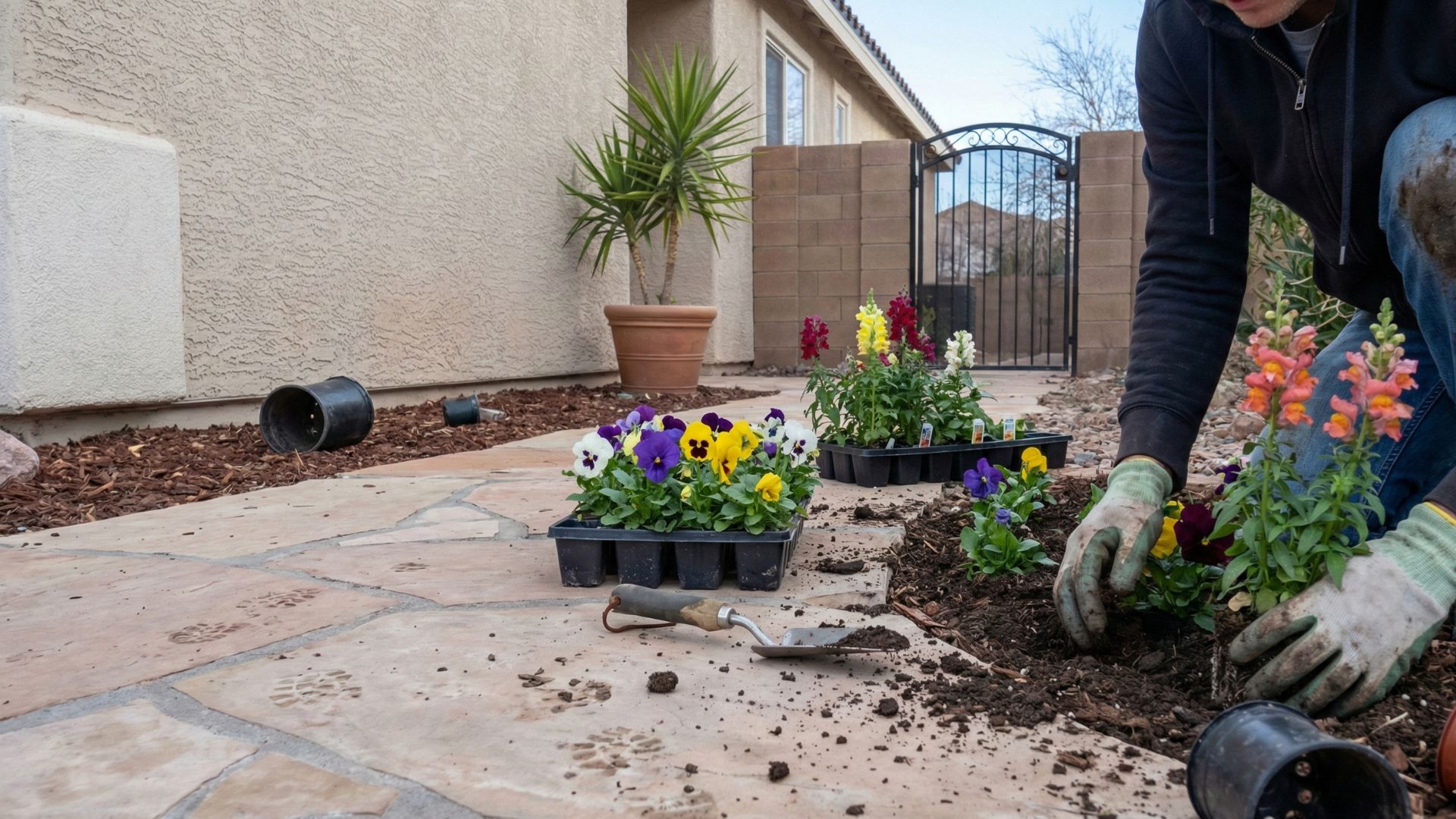 Front yard landscaping in Las Vegas with seasonal planting