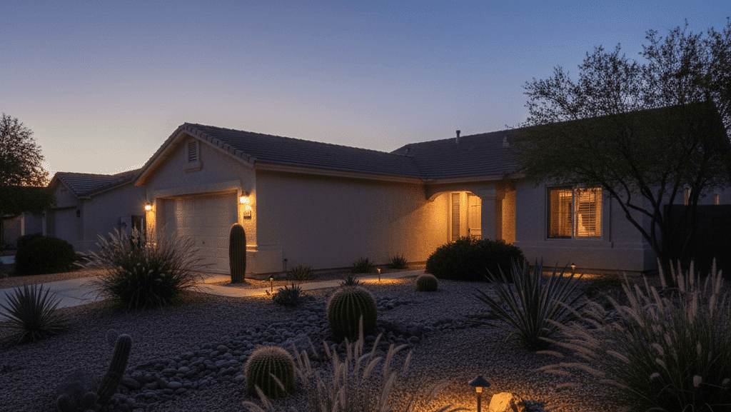 Landscape lighting Las Vegas NV illuminating desert front yard and home exterior at dusk.