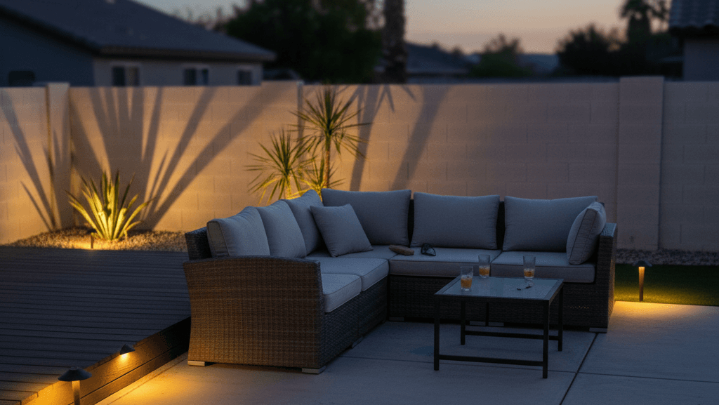 Outdoor lighting installation in Las Vegas NV highlighting patio seating and garden accents at night.