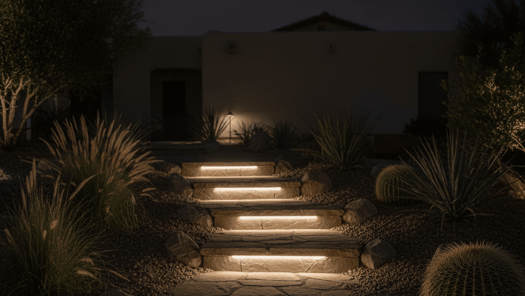 Landscape lighting installation in Las Vegas NV with illuminated stone steps and garden lights.