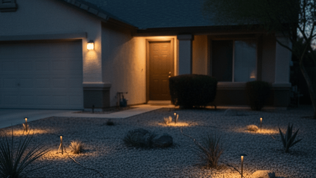 Front yard landscape lighting installation in Las Vegas NV highlighting pathway and desert plants at dusk.