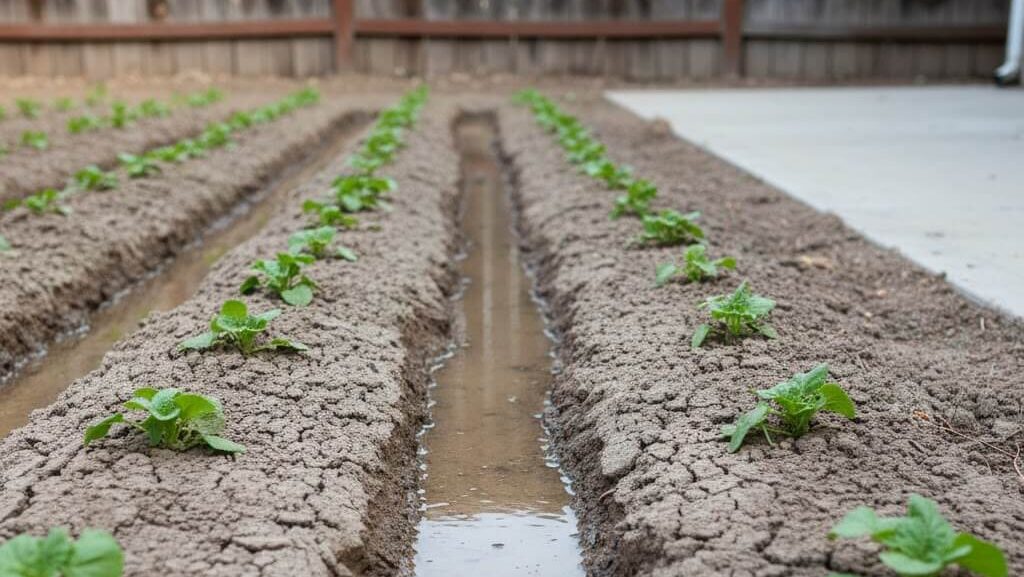 Furrow irrigation channel with young plants and flowing water in soil rows