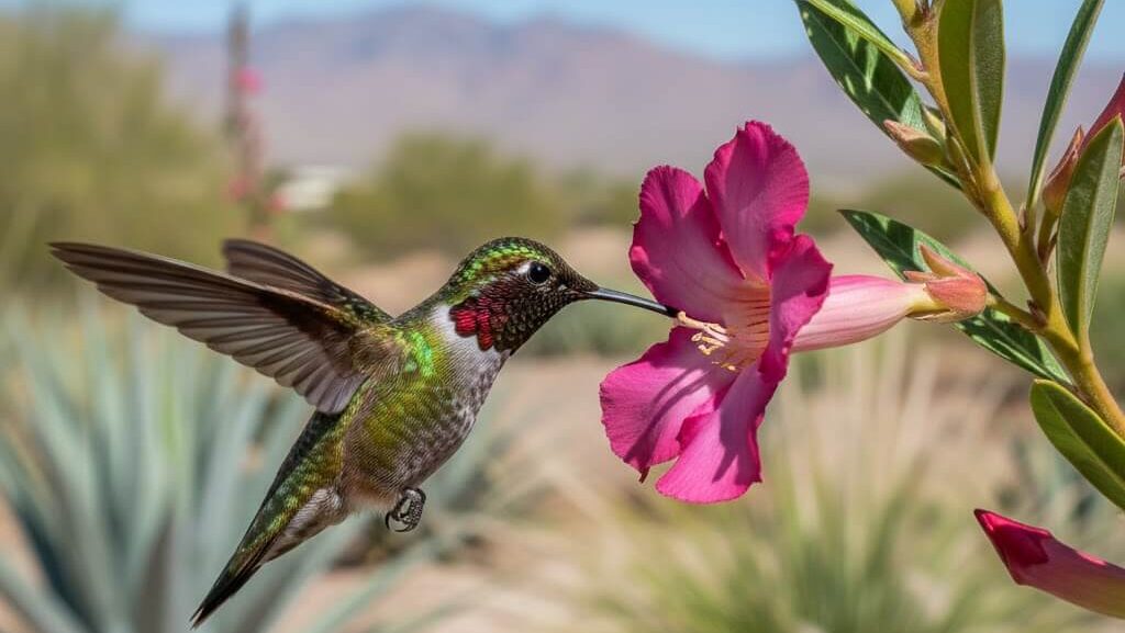 Hummingbird hovering beside a bright pink flower in a desert garden