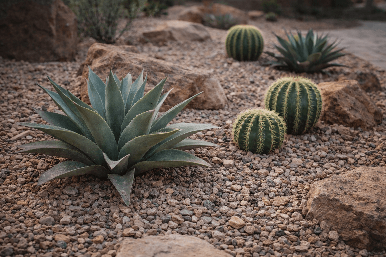 Faux agave and artificial cactus plants arranged in gravel desert landscaping design
