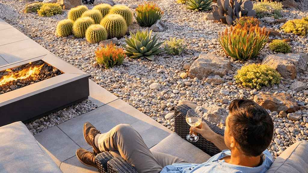 Mulch installation in Las Vegas creating clean, low-maintenance desert landscape design around patio and fire feature.