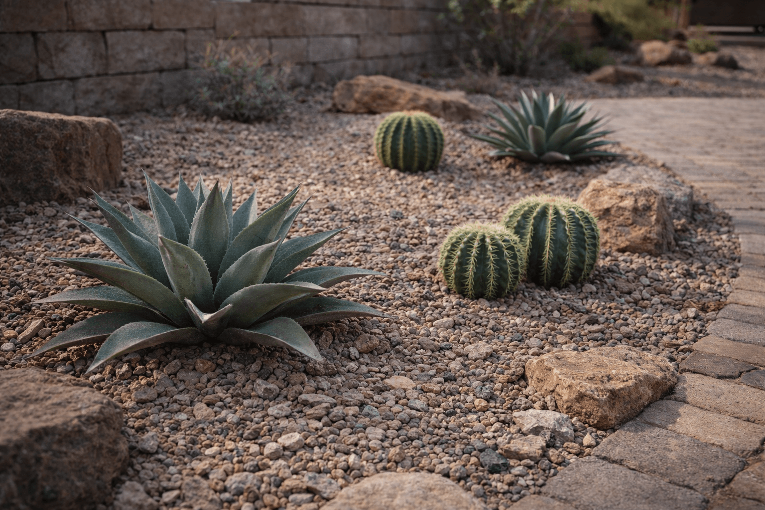 Faux agave and artificial cactus plants arranged in gravel desert landscaping design