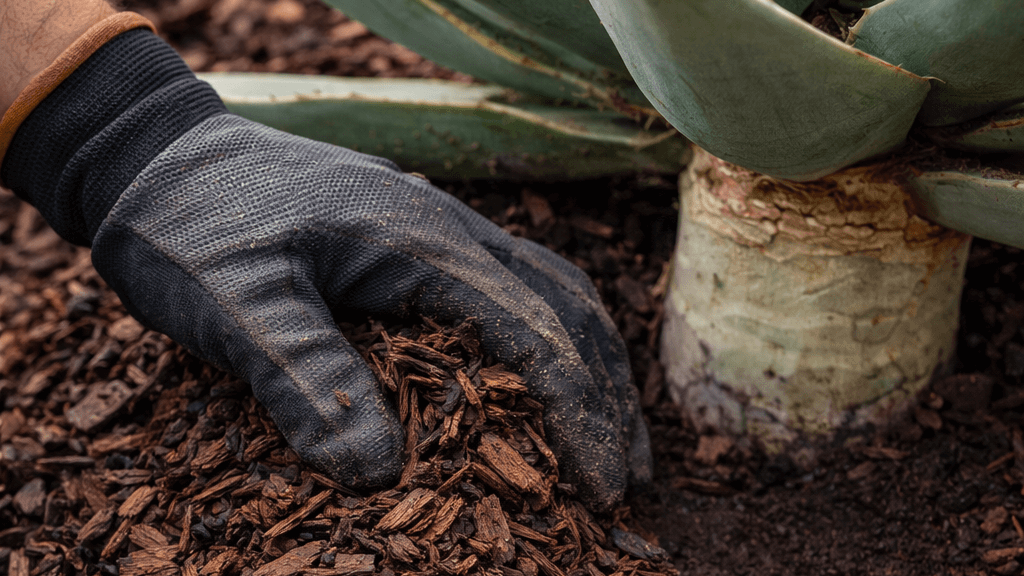 Mulch installation near me with fresh mulch applied around plant base for healthy desert landscaping in Las Vegas.
