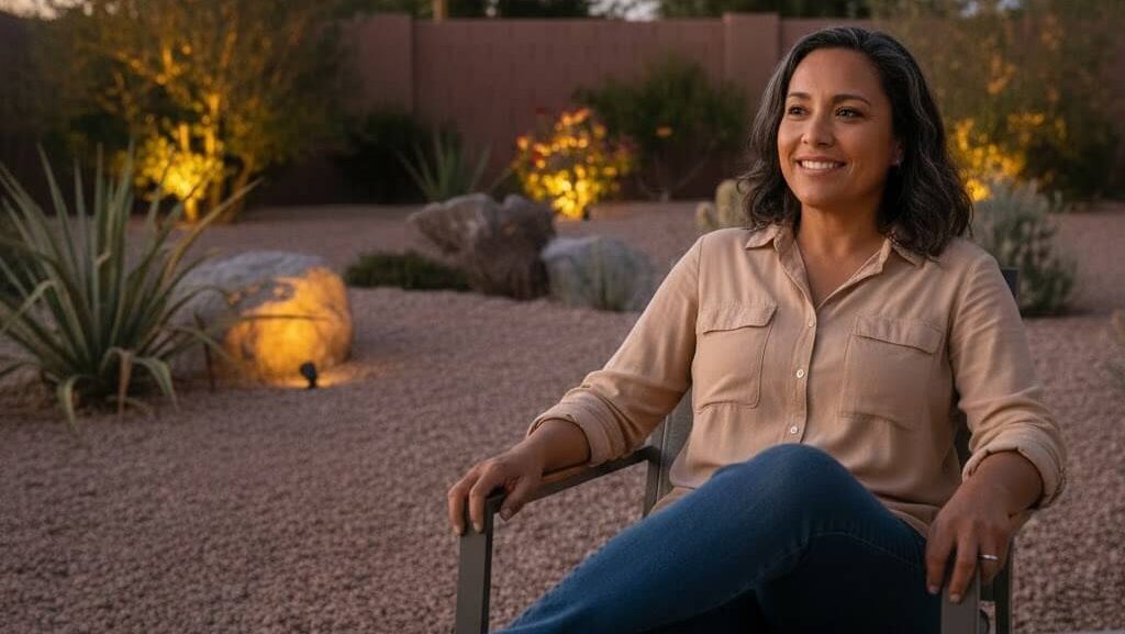 Homeowner relaxing in xeriscape landscaping yard in Las Vegas with low-water desert design