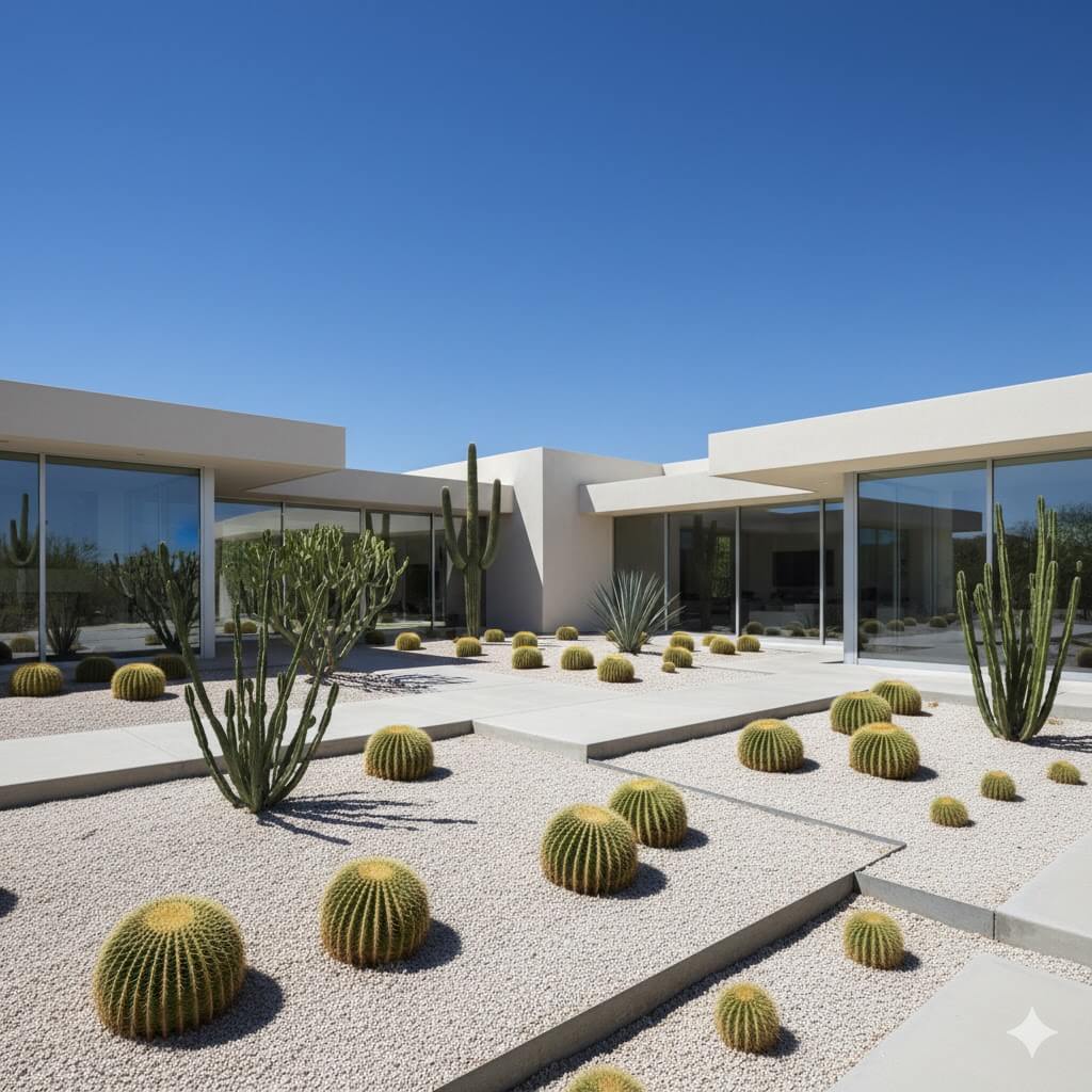 Mulch installation in Las Vegas with clean desert landscaping and decorative ground cover around cacti and modern home.