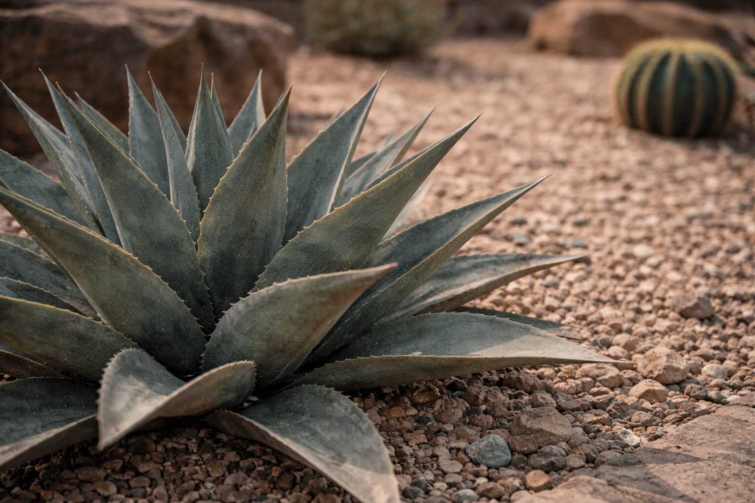 Artificial agave plant in gravel desert landscape with cactus in background
