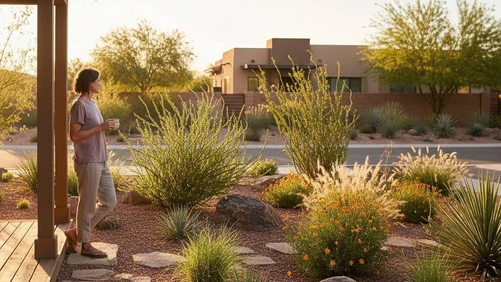 Child enjoying garden with xeriscape landscaping and drought-tolerant plants in Las Vegas