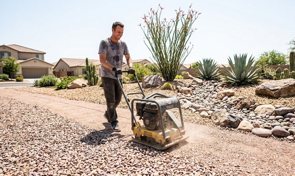 An image depicting the installation of rock and mulch in landscaping
