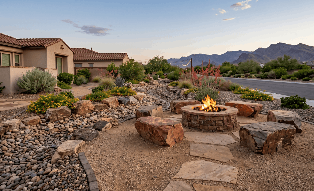 Rock Garden Ideas with Boulder Fire Pit Surrounds