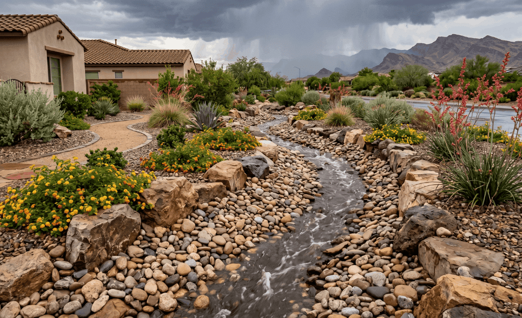 Rock garden ideas with dry creek beds