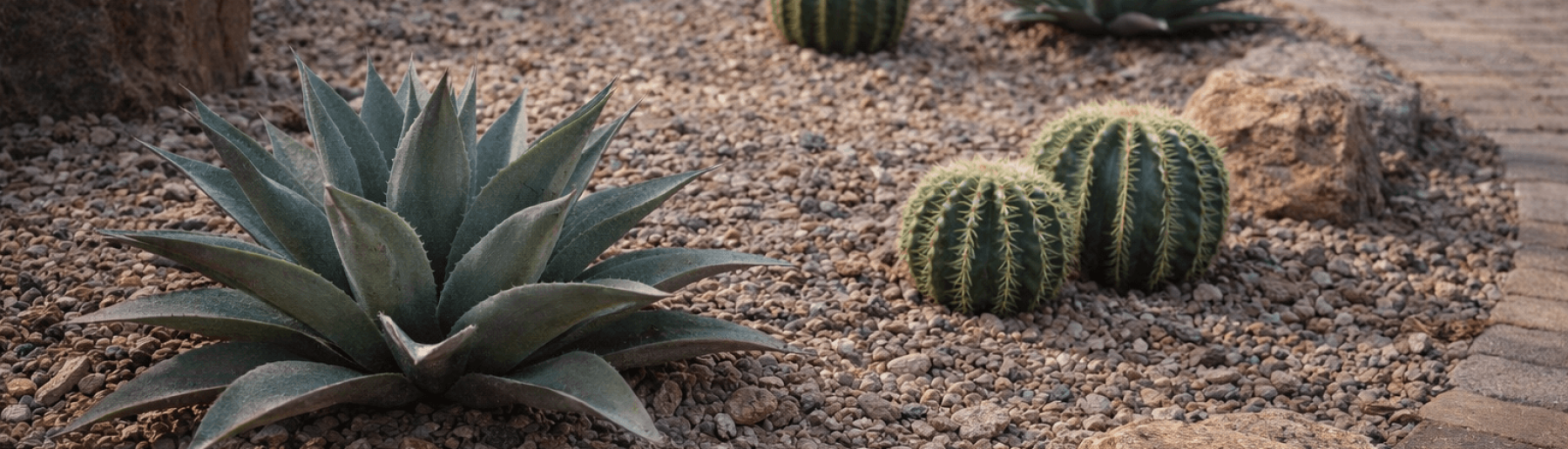 Faux agave and artificial cactus plants arranged in gravel desert landscaping design